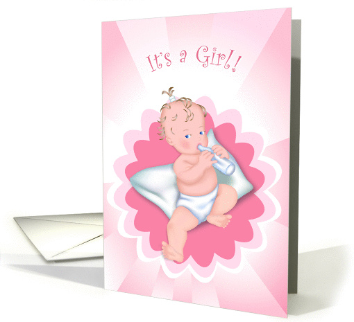 It's a Girl! Baby girl sitting on pillow with bottle of... (450952)