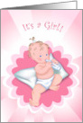 It’s a Girl! Baby girl sitting on pillow with bottle of milk digital illustration. card