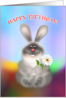 Rabbit with Flower. Soft, warm, tender, puffy, funny rabbit is happy to have that huge, juicy carrot. Cartoon digital illustration. card