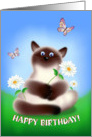 Smiling cat with flower digital illustration. Silly, funny and very cute puffy Himalayan holding a flower. Great for kid’s Birthday. card