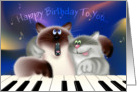 Cats at Piano. Two funny singing cats playing piano illustration. Musical notes are in the air, happy cats pressing piano keys with puffy paws. card