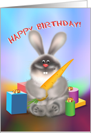 Rabbit with Carrot. Soft, warm, tender, puffy, funny rabbit with carrot and gifts. Cartoon digital illustration. card