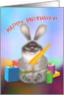 Rabbit with Carrot. Soft, warm, tender, puffy, funny rabbit with carrot and gifts. Cartoon digital illustration. card