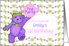 Purple Teddy Princess 1st Birthday Tea Party Invitation, Custom Name card