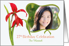 Elegant Red Lily 27th Birthday Party Invitation, Custom Photo and Name card
