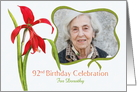 Lovely Red Lily 92nd Birthday Party Invitation, Custom Photo and Name card