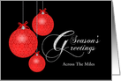 Season’s Greeting Across The Miles, Red Lace Ornaments. Customizable card