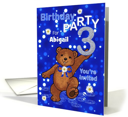 3rd Birthday Teddy Bear Invitation for Girl, Custom Name card