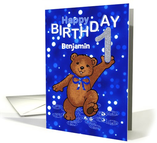 1st Birthday Dancing Teddy Bear for Boy, Custom Name card (1061095)