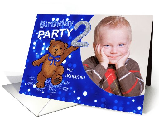 2nd Birthday Party Dancing Bear for Boy, Custom Photo card (1061939)