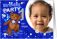 1st Birthday Party Dancing Bear for Girl, Custom Photo card