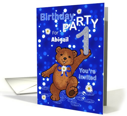 1st Birthday Teddy Bear Invitation for Girl, Custom Name card