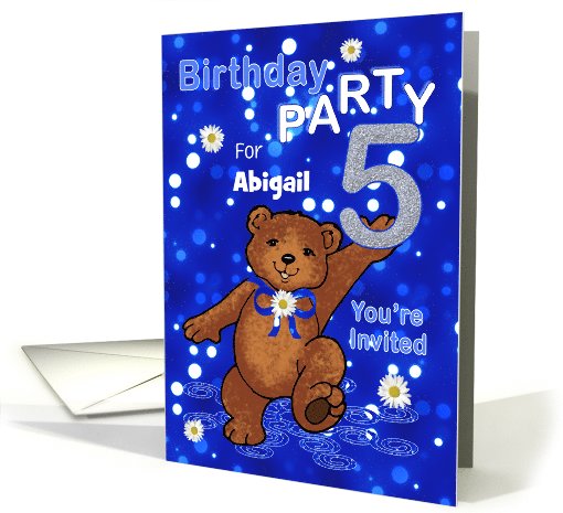 5th Birthday Teddy Bear Invitation for Girl, Custom Name card