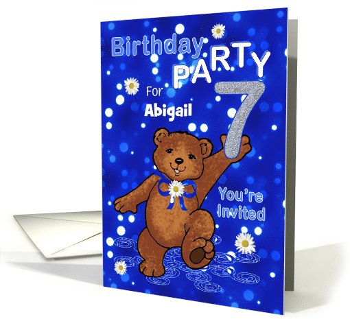 7th Birthday Teddy Bear Invitation for Girl, Custom Name card
