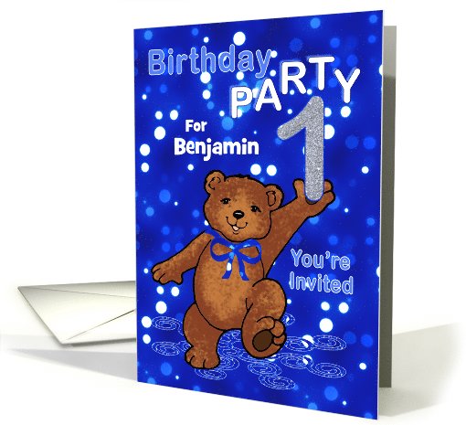 1st Birthday Teddy Bear Invitation for Boy, Custom Name card (1062117)