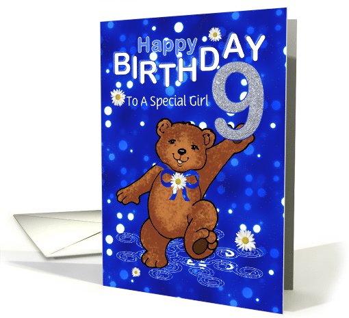 9th Birthday Dancing Teddy Bear for Girl, Custom Text card (1070099)