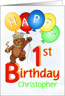 Happy 1st Birthday Royal Teddy Bear, Custom Name card