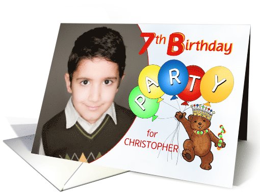 Royal Teddy Bear 7th Birthday Party Invitation, Custom Photo card