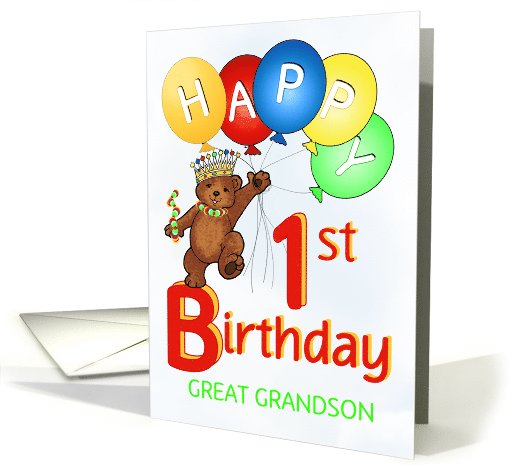Happy 1st Birthday Royal Teddy Bear for Great Grandson card (1088424)