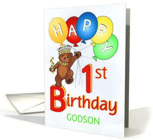 Happy 1st Birthday Royal Teddy Bear Godson card (1091814)