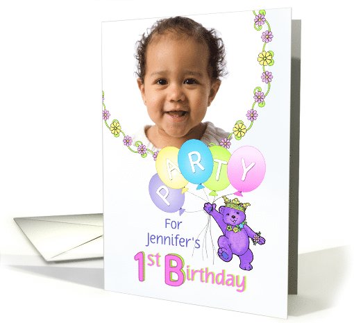 Princess Bear 1st Birthday Party Invitation, Custom Photo card