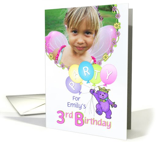 Princess Bear 3rd Birthday Party Invitation, Custom Photo card