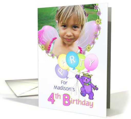 Princess Bear 4th Birthday Party Invitation, Custom Photo card