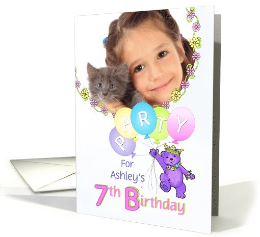 Princess Bear 7th Birthday Party Invitation, Custom Photo card
