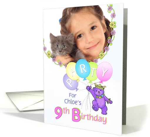 Princess Bear 9th Birthday Party Invitation, Custom Photo card