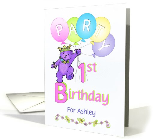 Princess Bear 1st Birthday Party Invitation, Custom Name card