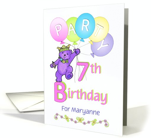 Princess Bear 7th Birthday Party Invitation, Custom Name card