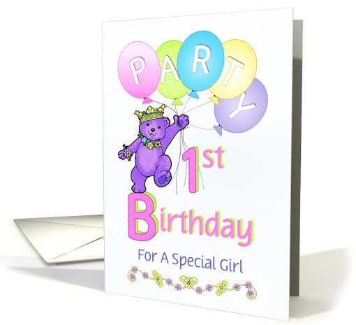 Purple Princess Bear 1st Birthday Party Invitation card (1101902)