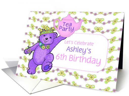 Teddy Bear 6th Birthday Tea Party Invitation, Custom Name card