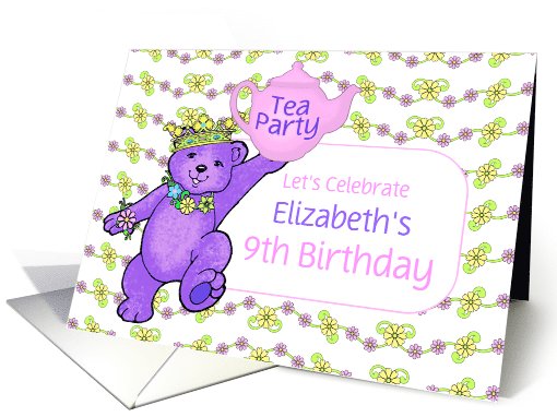 Teddy Bear 9th Birthday Tea Party Invitation, Custom Name card