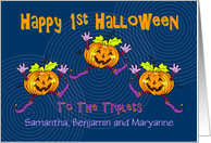Triplets First Halloween Happy Pumpkins, Custom Names card