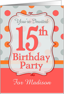 Polka-dotted Fun 15th Birthday Party Invitation with Custom Name card