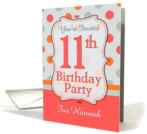Polka-dotted Fun 11th Birthday Party Invitation with Custom Name card