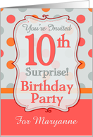 Polka-dotted Fun 10th Birthday Surprise Party Invitation, Custom Name card