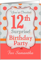 Polka-dotted Fun 12th Birthday Surprise Party Invitation, Custom Name card