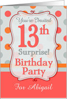 Polka-dotted Fun 13th Birthday Surprise Party Invitation, Custom Name card