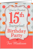 Polka-dotted Fun 15th Birthday Surprise Party Invitation, Custom Name card