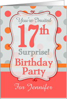 Polka-dotted Fun 17th Birthday Surprise Party Invitation, Custom Name card
