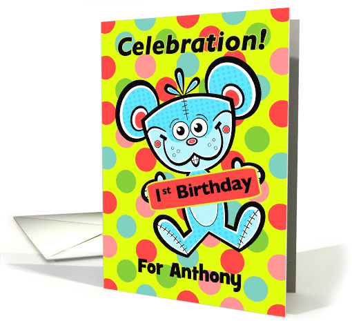 Neon Polka Dots 1st Birthday Party, Mischievous Bear, Custom Name card