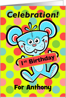 Neon Polka Dots 1st Birthday Party, Mischievous Bear, Custom Name card