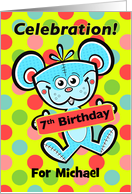 7th Birthday Party Invitation Aqua Bear and Polka dots Custom Name card