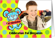 9th Birthday Party Invitation Aqua Bear and Polka dots Custom Photo card
