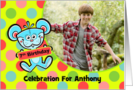 7th Birthday Party Invitation Aqua Bear and Polka dots Custom Photo card