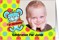 Blue Teddy Bear, 2nd Birthday Party Invitation Custom Photo Spotlight card