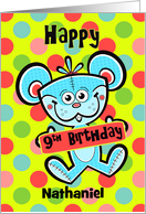 9th Birthday Aqua Bear and Polka dots Custom Name card
