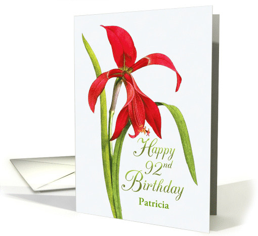 Jubilant Red Lily 92nd Birthday Wishes, Custom Name card (1252206)